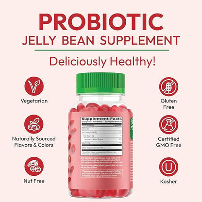 Probiotic Jelly Bean Gummies for Men and Women, Probiotic Supplements for Digestive Health, Nutritional Vegetarian Supplements, 120 Strawberry Blast Jelly Beans, Kosher