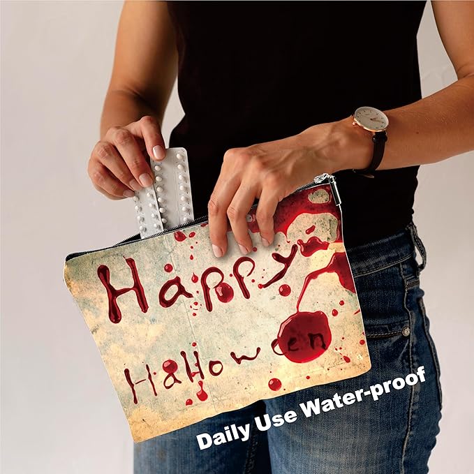 Happy Halloween Makeup Bag - Vintage Simulated Blood Stains - Horror Printing Cosmetic Bag, Toiletry Bag Gift For Girls, Halloween Treat Bag, Teen, Personal Care & Accessories - A12