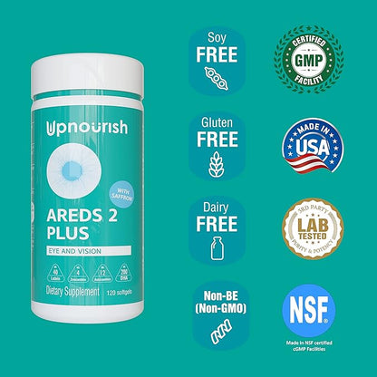 UpNourish AREDS 2+ - Advanced Eye Vitamin Supplement for Macular Health and Dry Eye - Lutein, Zeaxanthin, Saffron, Astaxanthin & DHA - Supports Eye Strain, Pressure, Night Vision - 120 softgels