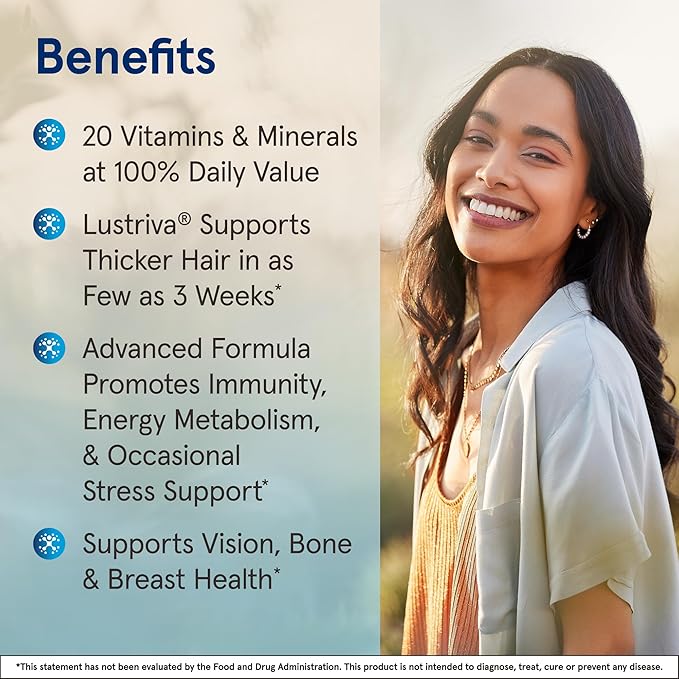 Jarrow Formulas Women's Multi+ Lustriva Hair Growth for Women, Vitamin A, D, Zinc & Lutein, 60 Tablets, 30 Day Supply