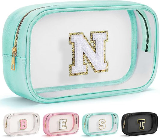 YOOLIFE Initial Make Up Bag Travel Toiletry Bag, Clear Makeup Bag Preppy Cosmetic Bags Organizer Travel Essentials Teen Girlfriend Teacher Mom Birthday Makeup Case 12 Year Old Girl Gifts Blue N