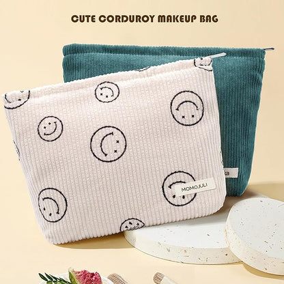 Corduroy Makeup Bag Cosmestic Bag 2pcs Large Capacity Ladies Women Aesthetic Make Up Organizer Accessories Zipper Pouch Purse （Beige+Green）