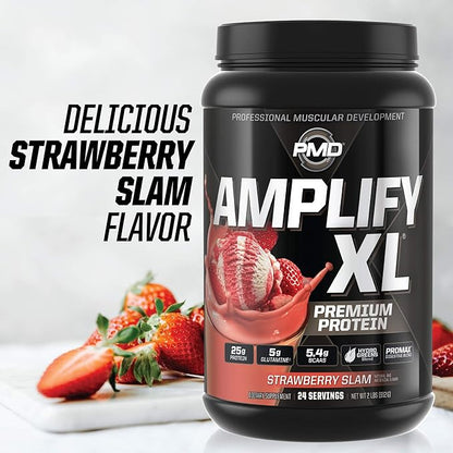 PMD Sports Amplify XL Premium Whey Protein Supplement Hydro Greens Blend - Glutamine and Whey Protein Matrix with Superfood for Muscle, Strength and Recovery - Strawberry Slam (24 Servings)