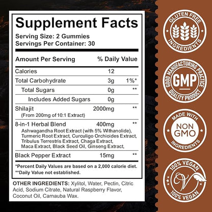 Shilajit Gummies 2000mg - Shilajit Pure Himalayan Organic for Men & Women 85+ Trace Minerals Shilajit Resin with Ashwagandha, Maca, Black Seed Oil - Energy, Brain, Immunity, Sugar Free Raspberry 60ct