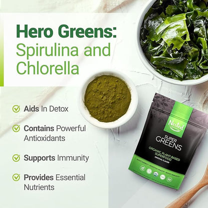 Super Greens Daily Greens Superfood Powder - Certified USDA Organic Green Powder w/20+ Whole Foods, Spirulina Powder, Wheat & Barley Grass - Probiotics, Fiber & Enzymes - Original Refill, 30 Servings