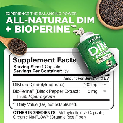 Nutrivein DIM Supplement 400mg Diindolylmethane Plus Bioperine - Maintain Hormone Balance with Estrogen for Menopause and Middle Age - Supports Acne and PCOS Treatment Men & Women