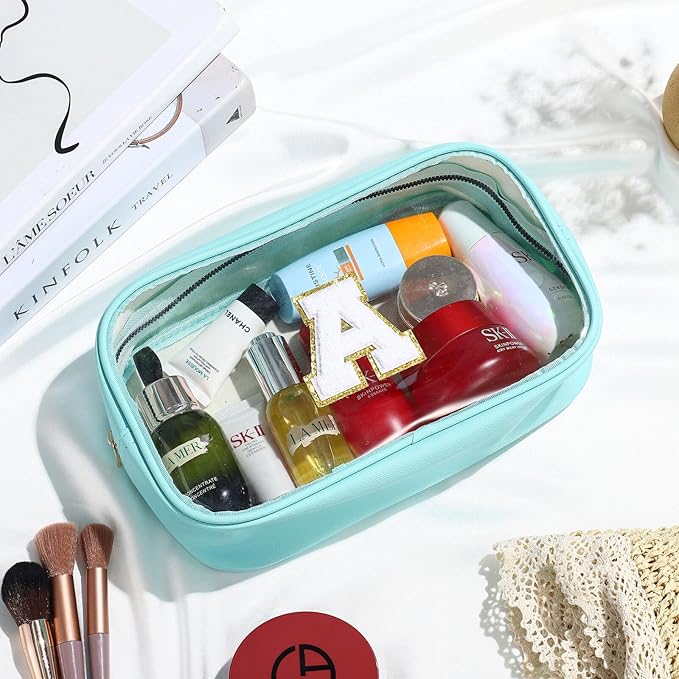 YOOLIFE Initial Make Up Bag Travel Toiletry Bag, Clear Makeup Bag Travel Essentials Gifts for Women Teen Girlfriend Teacher Birthday Swim Gifts For Girls 12 Year Old Girl Gifts Girl Gifts Blue H