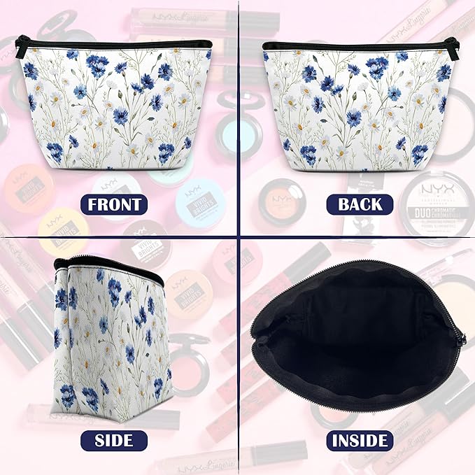 Daisy Makeup Bag Blue Cornflower Cosmetic Bag for Women, Travel Small Pouch for Toiletries, Water Resistant Gift 9.5×5.9 Inch