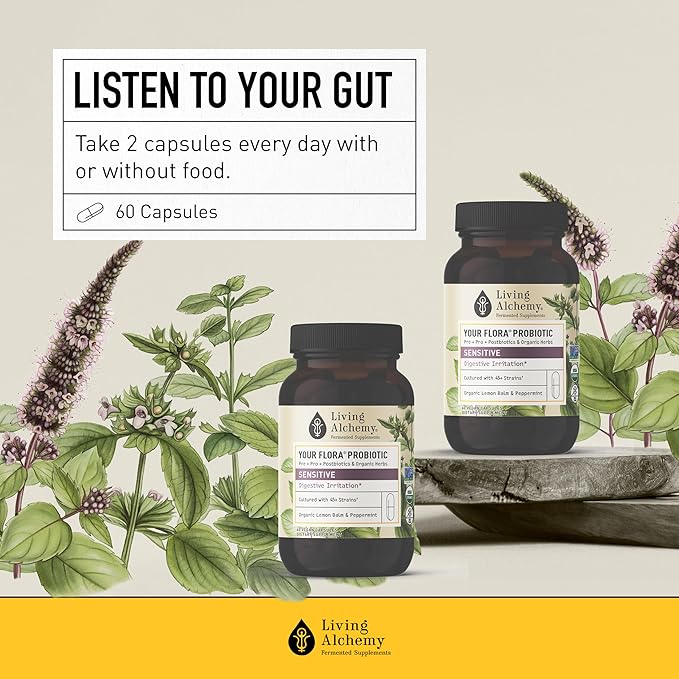 Living Alchemy Gut Health Supplements - Your Flora Probiotic Sensitive with Fermented Soybean, Lemon Balm, Peppermint, Prebiotics, Gut Cleanse Detox for Men & Women - Vegan, Non-GMO, 60 Pcs