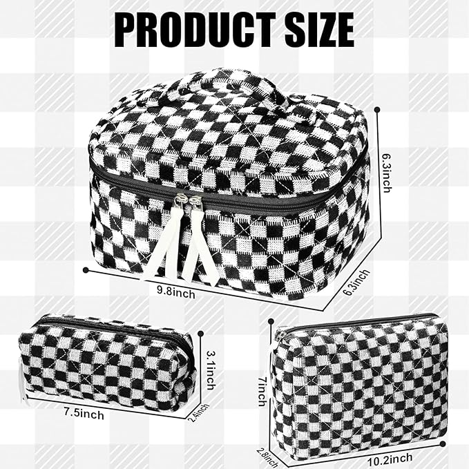 Quilted Makeup Bag Set, 3Pcs Large Checkered Corduroy Cosmetic Bags, Cute Coquette Makeup Bag Toiletry Zipper Pouch Bag for Women and Girls Checkered