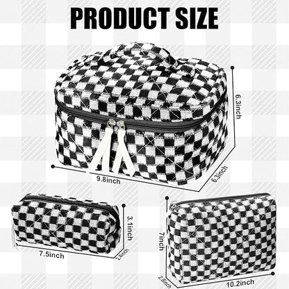 Quilted Makeup Bag Set, 3Pcs Large Checkered Corduroy Cosmetic Bags, Cute Coquette Makeup Bag Toiletry Zipper Pouch Bag for Women and Girls Checkered
