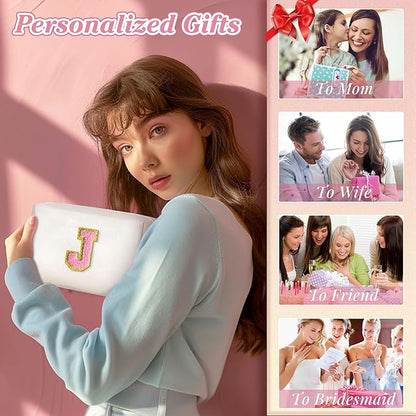 TOPEAST Preppy Stuff Tween Girls Gifts, 2 PCS Makeup Pouch Makeup Organizer Bag PU Leather Chenille Letters Waterproof Cosmetic Bag Personalized Gifts Idea For Women, White J