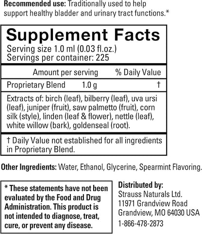 Strauss Naturals Bladder Support Drops Natural Supplements for Urinary System Support, Gluten-Free, Soy-Free, and Non-GMO, 7.6 fl oz.
