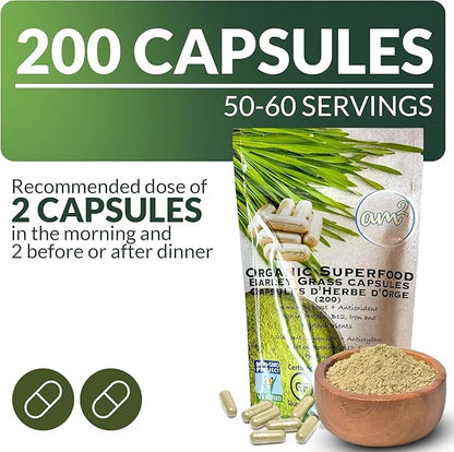 am2 Organic Barley Grass Capsules – Pure Barley Grass Juice Powder Capsules, Green Superfood Supplement – Rich in Fiber & Antioxidants – Support Immunity & Digestive Health – 200 Caps (200g)