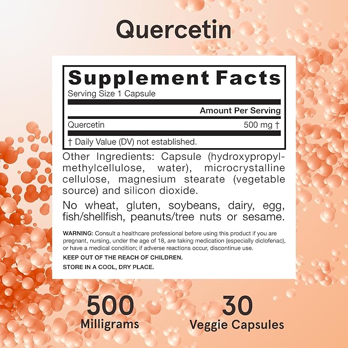 Jarrow Formulas Quercetin 500 mg, Dietary Supplement, Antioxidant Support for Cardiovascular and Immune Health, 30 Veggie Capsules, 30 Day Supply