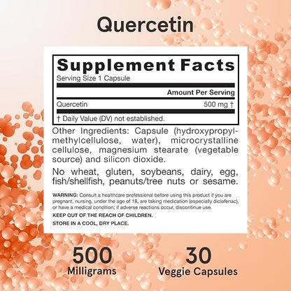 Jarrow Formulas Quercetin 500 mg, Dietary Supplement, Antioxidant Support for Cardiovascular and Immune Health, 30 Veggie Capsules, 30 Day Supply