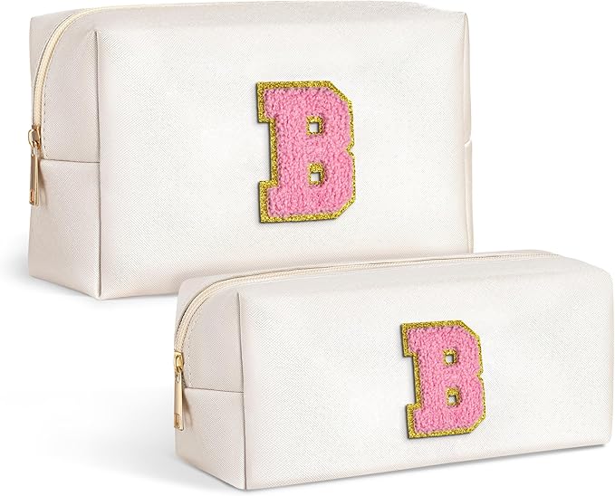 TOPEAST Gifts for Women, Initial Cosmetic Bag Cute Makeup Bag Travel Essentials Small Makeup Bag with Zipper Chenille Letters Makeup Bag Organizer Personalized Birthday Gifts For Women, White B