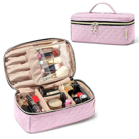 Teamoy Travel Makeup Brush Case, Makeup Train Organizer Bag with Handle for Makeup Brushes(up to 9-inch) and Essentials, Medium, Pink(BAG ONLY)