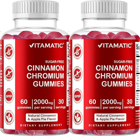 2 Pack - Vitamatic Sugar Free Chromium Gummies with Ceylon Cinnamon - 2000 mg per Serving - Non-GMO - Gluten Free - 60 Vegan Gummies