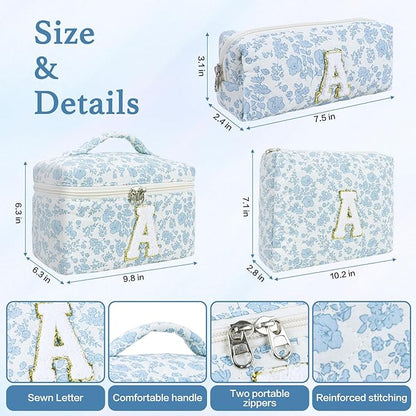 3 Pcs Travel Initial Quilted Makeup Bag set, Toiletry Personalized Floral Makeup Bag Birthday Gifts for teens girls and women, Cosmetic bags makeup organizer bag set-C
