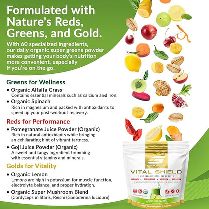 Granite Supplements Vital Shield - (30 Servings) Greens Superfood Powder - Fruit & Vegetable Super Foods Powder for Performance, Gut Health, Immunity & Nutrition, Lemon Lime Berry Greens