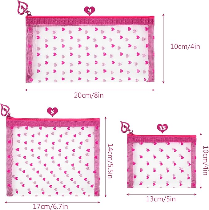 6 Pack Mini Zipper Mesh Makeup Bags, Heart Print Nylon Cosmetic Bags Toiletry Bags for Office Travel Organization (Hot Pink, XS)
