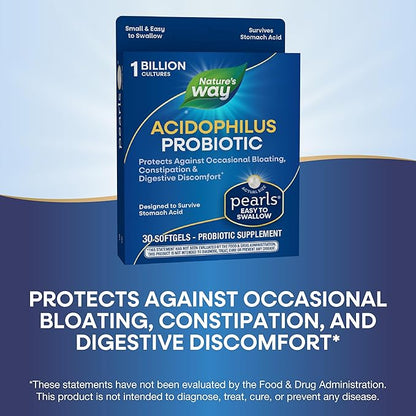 Nature's Way Acidophilus Probiotic Pearls, Supports Digestive Balance and Gut Health*, Protects Against Occasional Constipation and Bloating*, 1 Billion Live Cultures, 30 Softgels (Packaging May Vary)