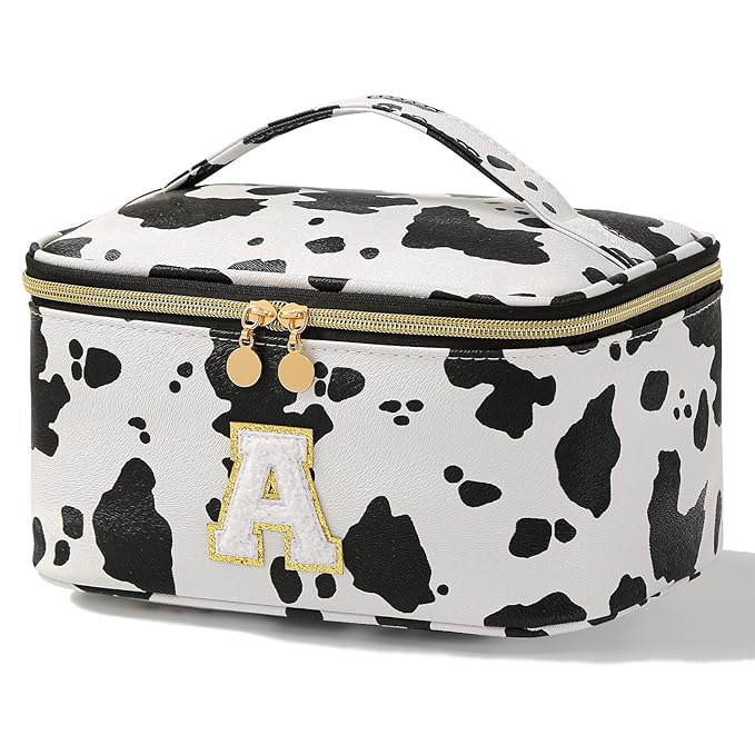 KITENROM Initial Makeup Bag Monogram Travel Pouch Extral Large Cosmetic Bag Cute Cow Print Personalized Makeup Organizer Toilitery Case for Women with Removable Divider Letter A