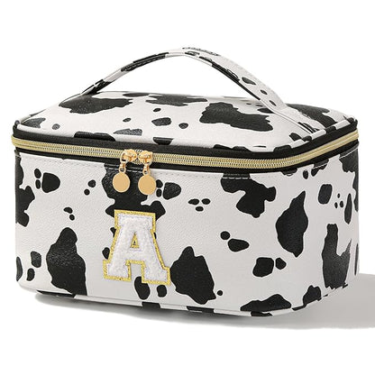 KITENROM Initial Makeup Bag Monogram Travel Pouch Extral Large Cosmetic Bag Cute Cow Print Personalized Makeup Organizer Toilitery Case for Women with Removable Divider Letter A