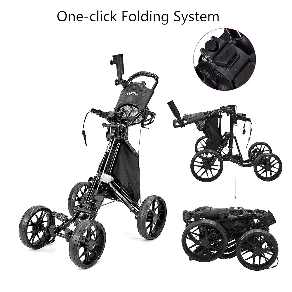 Golf Push Cart 4-Wheels,Folding Golf Cart, Golf Pull cart with Cup Holder,Umbrella Holder,Cooler Bag, Foldable with one-Click,Handle Height Adjustable,Drink Holder,Walking Push cart