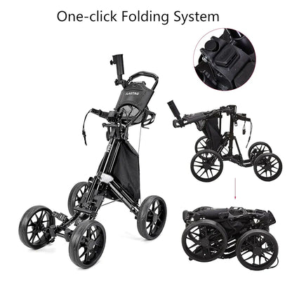 Golf Push Cart 4-Wheels,Folding Golf Cart, Golf Pull cart with Cup Holder,Umbrella Holder,Cooler Bag, Foldable with one-Click,Handle Height Adjustable,Drink Holder,Walking Push cart