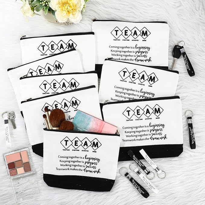 Sanwuta 48 Pcs Inspirational Canvas Makeup Bags Keychains Set Graduation Gifts Teacher Appreciation Gifts Bulk for Employees Women (Team)