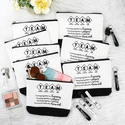 Sanwuta 48 Pcs Inspirational Canvas Makeup Bags Keychains Set Graduation Gifts Teacher Appreciation Gifts Bulk for Employees Women (Team)