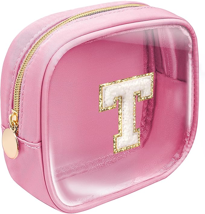 Mini Initial Makeup Bag | Travel Toiletry Bag | Clear Makeup Bag | Travel Essentials Gifts for Women Teen Girlfriend Teacher Brithday Gifts | Clear Toiletry Bag Small Mini Cosmetic Bag (Pink, T)