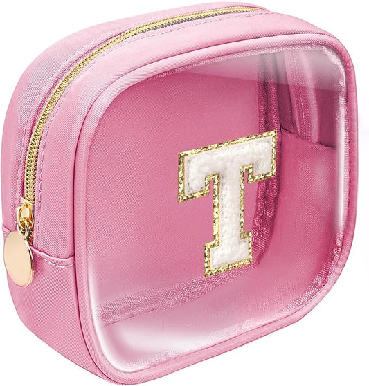 Mini Initial Makeup Bag | Travel Toiletry Bag | Clear Makeup Bag | Travel Essentials Gifts for Women Teen Girlfriend Teacher Brithday Gifts | Clear Toiletry Bag Small Mini Cosmetic Bag (Pink, T)