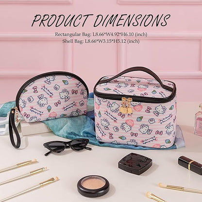 AmBealla Cosmetic Bag Large Makeup Bags Pink Travel Case with Makeup Brush Holder，2PCS Cosmetic Organizer for Women, Toiletry Storage Bag for Skincare & Beauty Tools Sweet Cute for Girls
