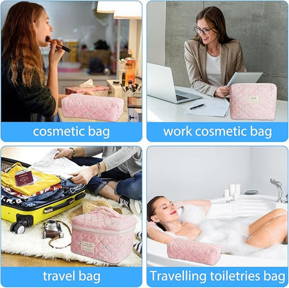Quilted Makeup Bag, Large Capacity Travel Cosmetic Bag for Women and Girls, Aesthetic Storage for Daily and Travel Use (3pcs-RabbitAnimalPrint)