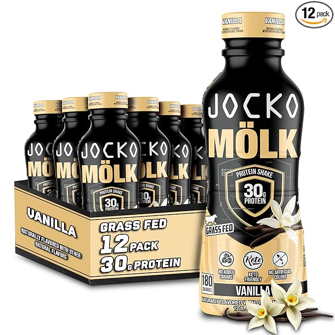 Jocko Mölk 30g Grass Fed Protein Shakes – No Added Sugar Protein Drinks KETO Friendly - Ready to Drink 12 FL Oz (Pack of 12) Vanilla