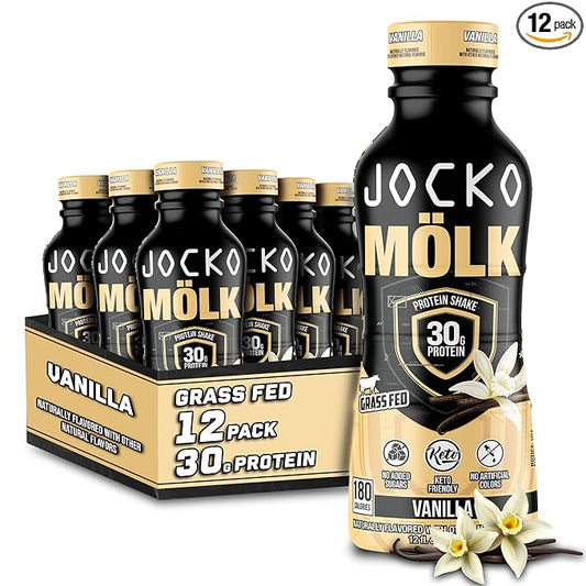 Jocko Mölk 30g Grass Fed Protein Shakes – No Added Sugar Protein Drinks KETO Friendly - Ready to Drink 12 FL Oz (Pack of 12) Vanilla