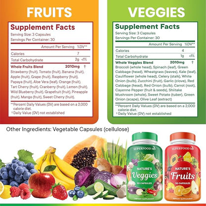 Superfood 180 Fruit and 180 Veggie Capsules -100% Whole Natural Superfood - Maintain Energy Levels, High Lycopene - Grown and Made in The USA (90 Count (Pack of 4)