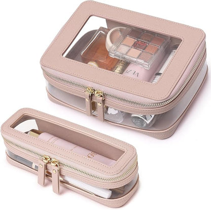 Travel Clear Makeup Bag with Brush Case TSA Approved Toiletry Bag Waterproof Cosmetic Organizer Car Essential for Women (Pink, M+SLIM)