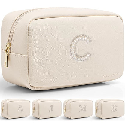 Vlando Gift for Women Small Cosmetic Pouch Make up Bag PU Leather Makeup Bag Monogram Gifts for Teen Girls Women Preppy Stuff C