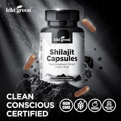 KIKI Green Shilajit Capsules - Shilajit Pure Himalayan Organic Supplement, 40% Fulvic Acid & Trace Minerals - 500 mg Pure Shilajit per Serving for Strength, Energy, Immunity - 120 Vegan Capsules