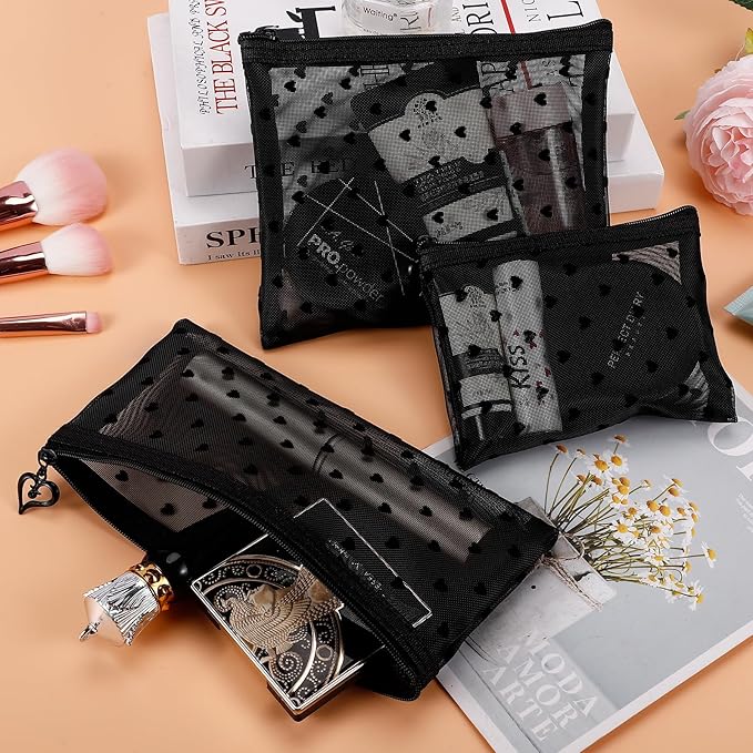 6 Pack Mini Zipper Mesh Makeup Bags, Heart Print Nylon Cosmetic Bags Toiletry Bags for Office Travel Organization (Black, XS)