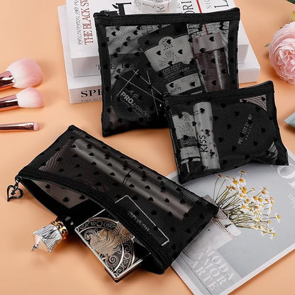 6 Pack Mini Zipper Mesh Makeup Bags, Heart Print Nylon Cosmetic Bags Toiletry Bags for Office Travel Organization (Black, XS)