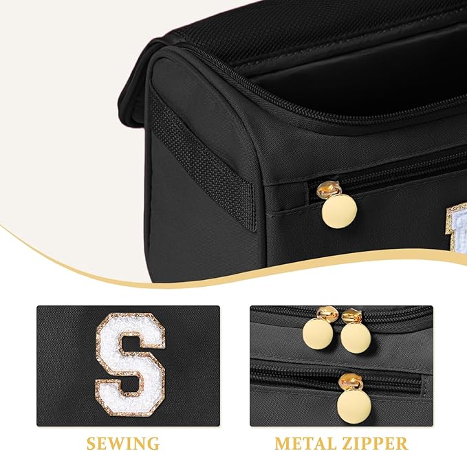 COSHAYSOO Useful Birthday Gifts for Women Best Friends Initial Hanging Toiletry Bag Waterproof Travel Makeup Cosmetic Pouch Airplane Cruise Ship Car Traveling Accessories Essentials Black Letter S