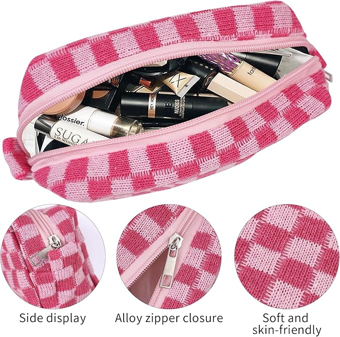 Small Cute Checkered Makeup Bag - Portable Cosmetic Pouch with Zipper, Travel Toiletry Bag, Purse Organizer, Beauty Storage, Pink