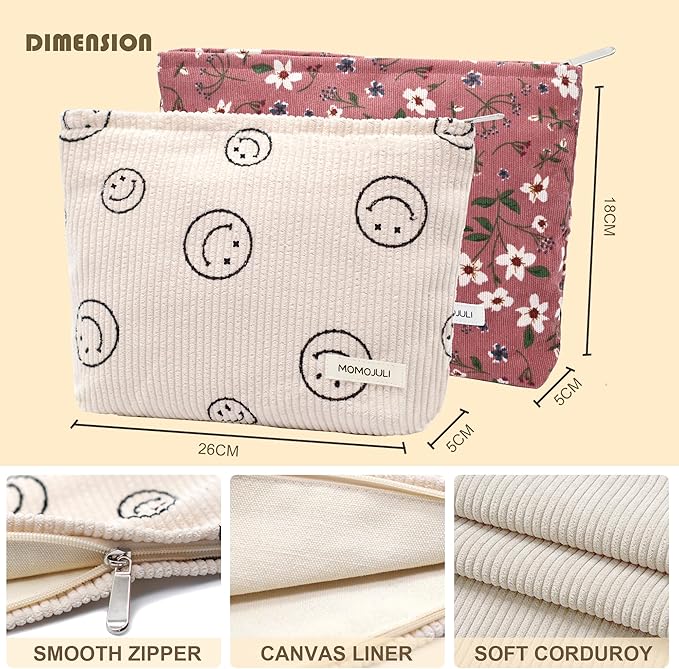 Corduroy Makeup Bag Cosmestic Bag Large Capacity Ladies Women Aesthetic Make Up Organizer Accessories Zipper Pouch Purse （Beige+Pink Flower）