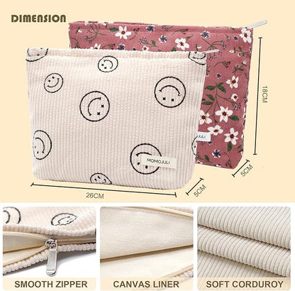 Corduroy Makeup Bag Cosmestic Bag Large Capacity Ladies Women Aesthetic Make Up Organizer Accessories Zipper Pouch Purse （Beige+Pink Flower）