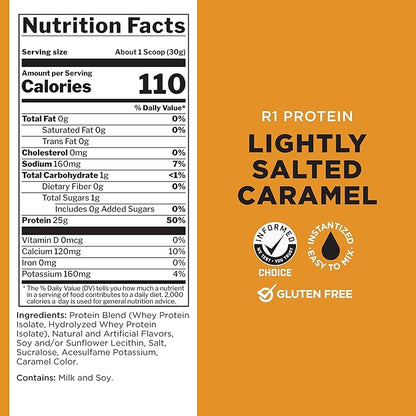 Rule One Proteins R1 Protein - 25g Fast-Acting, Super-Pure 100% Isolate and Hydrolysate Protein Powder with 6g BCAAs (2 Pounds*, Lightly Salted Caramel)